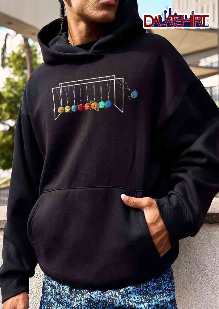 Cartoon Newton Cradle Solar System Planets Pluto Falling Snapped String shirt