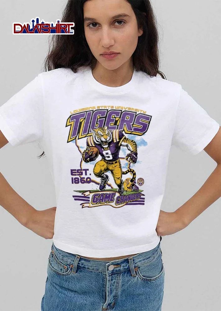 Louisiana State University Tigers NCAA Game Changers Est 1860 Football Mascot Running Map Outline shirt