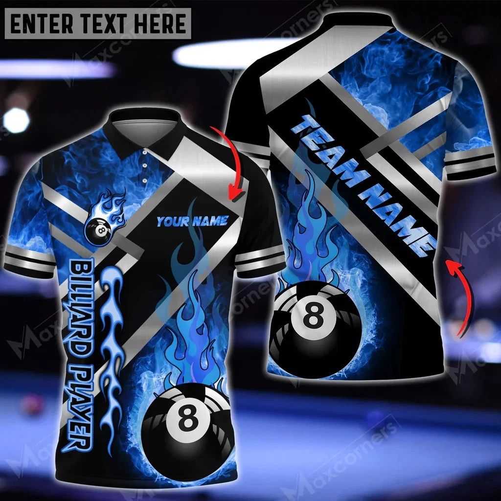 Billiards Polo Shirt Men's 3D Fire 8 Ball Print Pool Team Jersey Top
