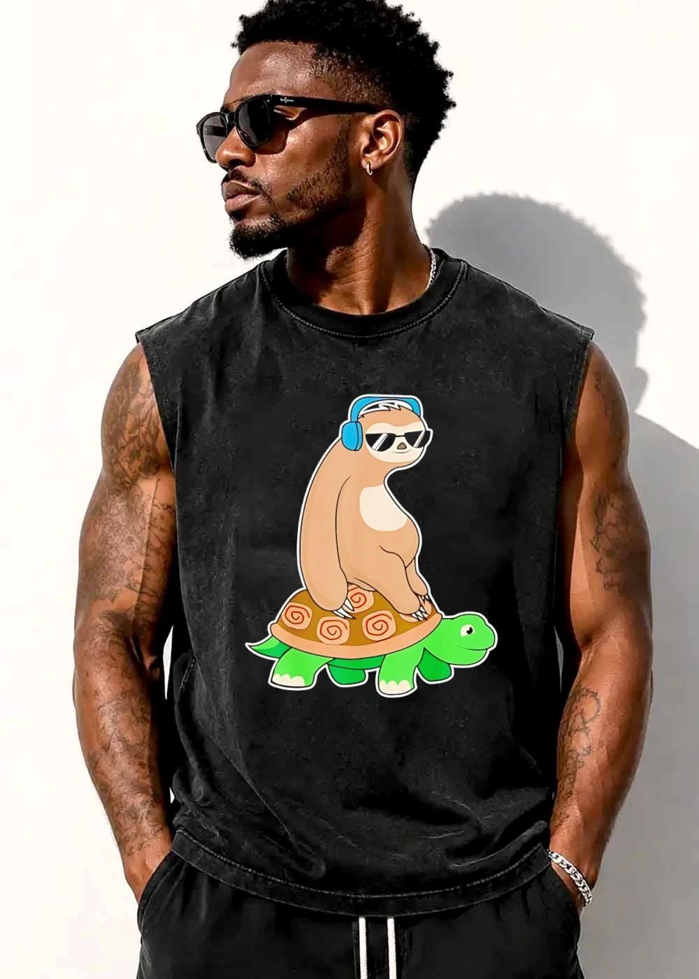 Cartoon Sloth Wearing Headphones Sunglasses Riding Green Turtle shirt