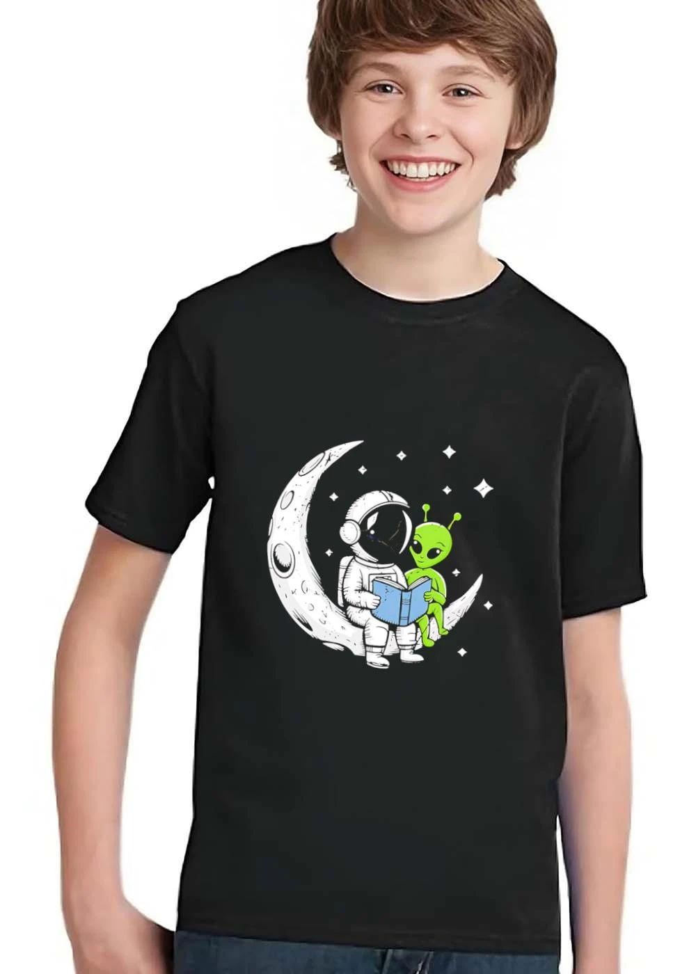 Cartoon Astronaut Green Alien Crescent Moon Reading Blue Book Stars shirt