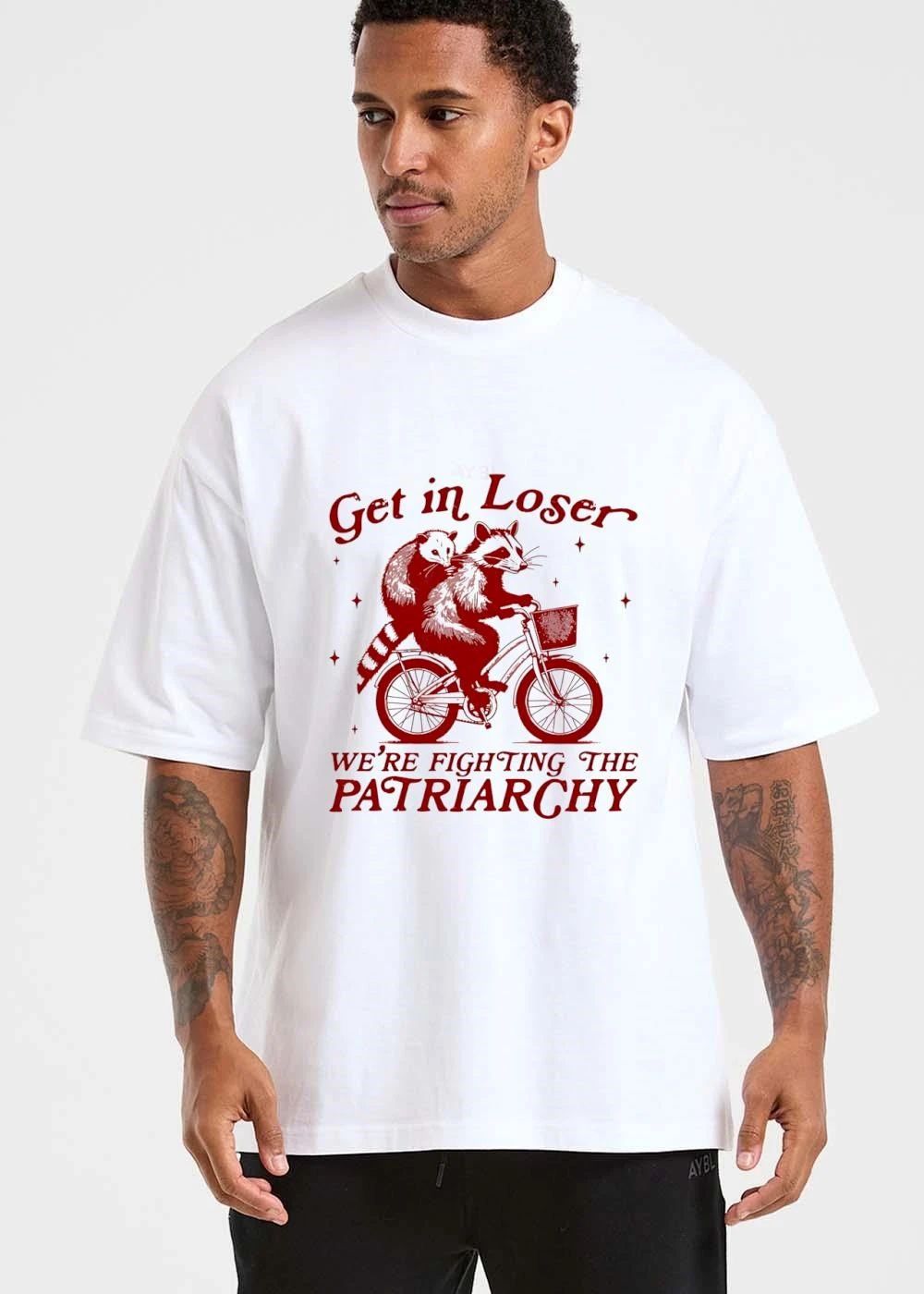 Get In Loser Were Fighting The Patriarchy Opossum Raccoon Bicycle shirt