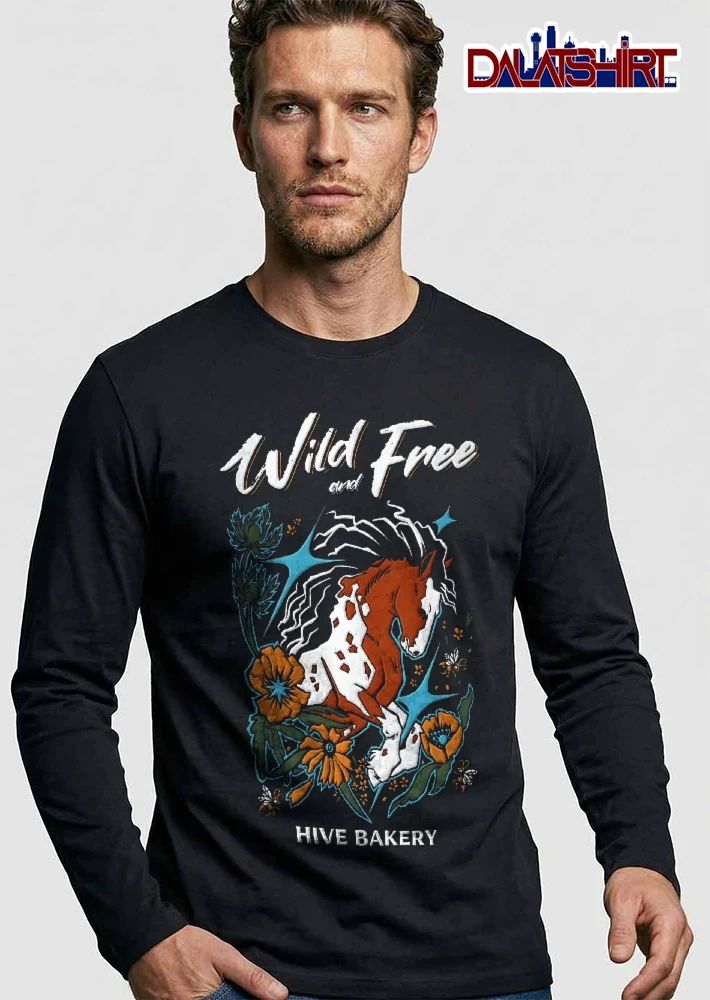 Hive Bakery Wild And Free Pinto Horse Flowing Mane Flowers Bees shirt