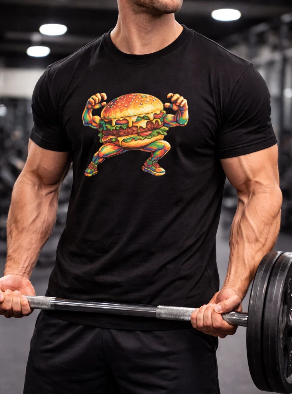 Retro Muscle Burger Character T-Shirt | Colorful Cartoon Cheeseburger