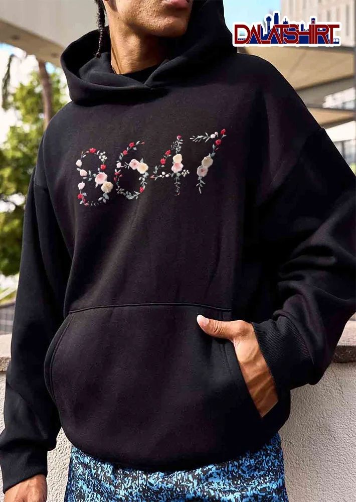 8647 Watercolor Floral Numbers Red Pink Flowers Green Leaves Black Background shirt