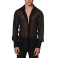 Men's Fashionable Casual Collar Mesh Personalized Long Sleeved Black Shirt New