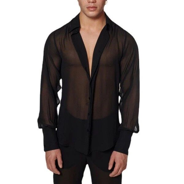 Men's Fashionable Casual Collar Mesh Personalized Long Sleeved Black Shirt New