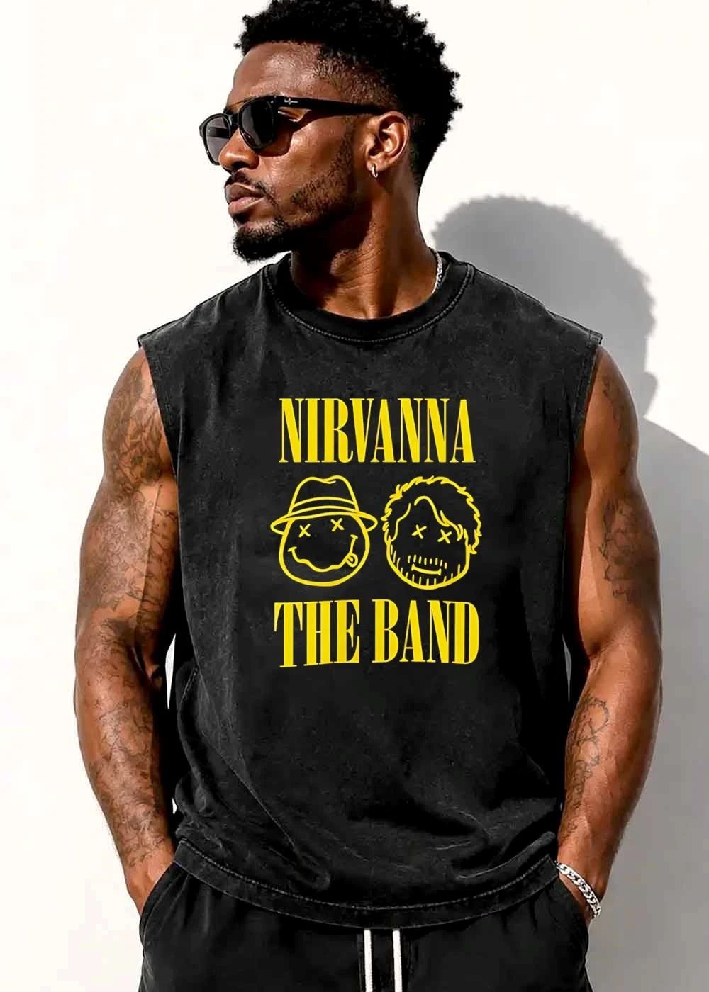 Nirvanna The Band Yellow Line Art Sketch Smiley Characters shirt