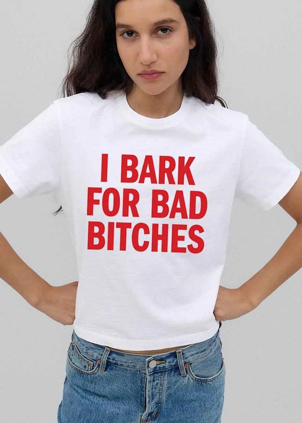 I Bark For Bad Bitches Red Bold Stacked Typography Lettering shirt