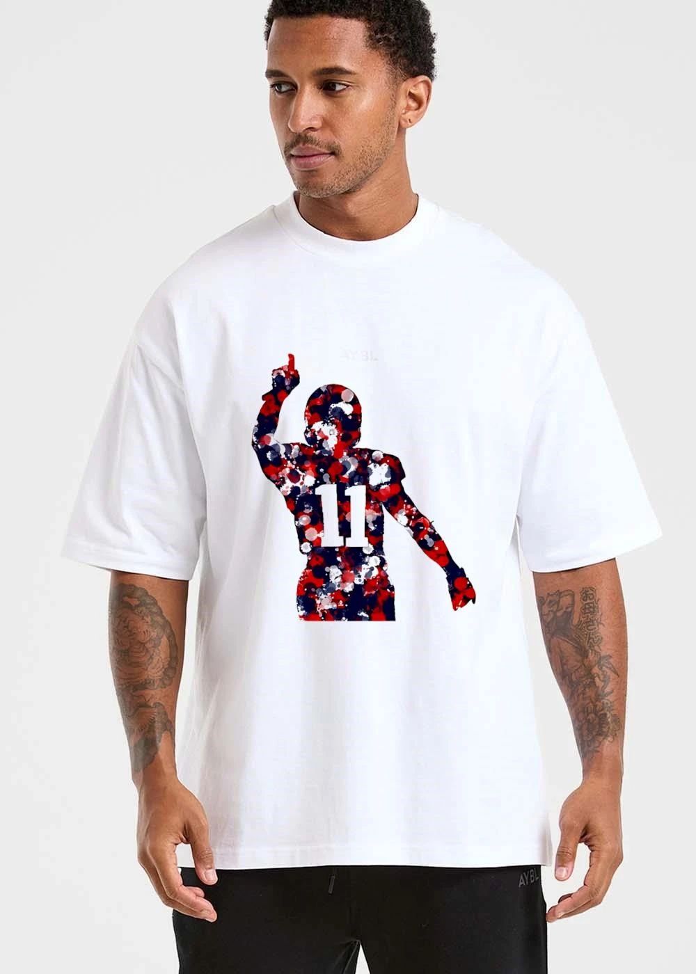 Football Player Silhouette Number 11 Pointing Up Red White Blue Paint Splatter Watercolor shirt