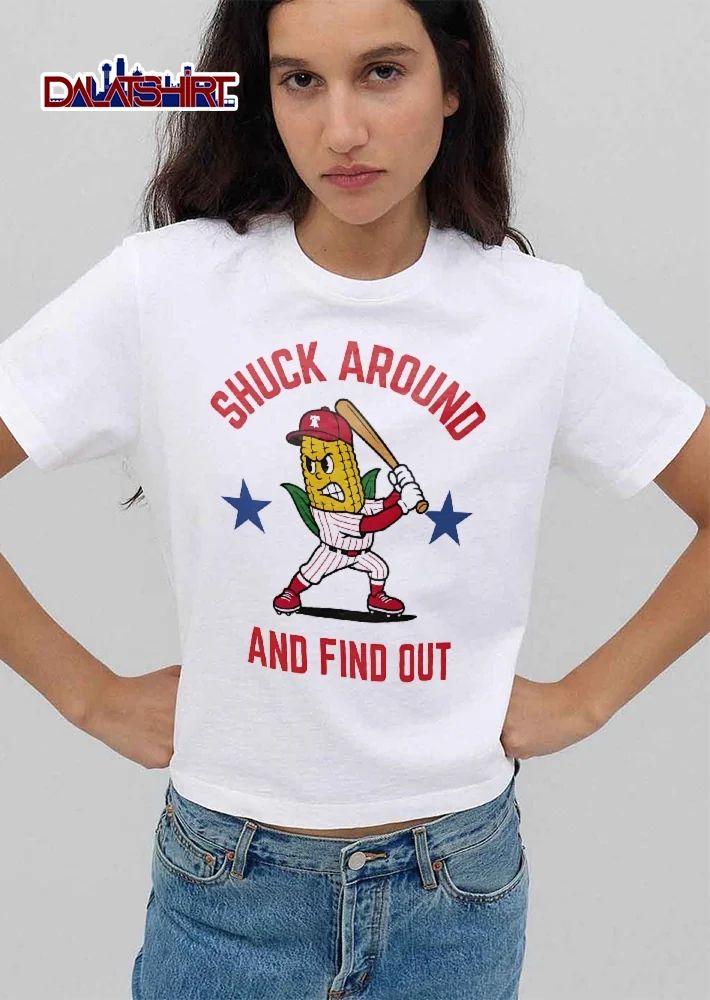 Shuck Around And Find Out Cartoon Corn Baseball Batter Blue Stars shirt