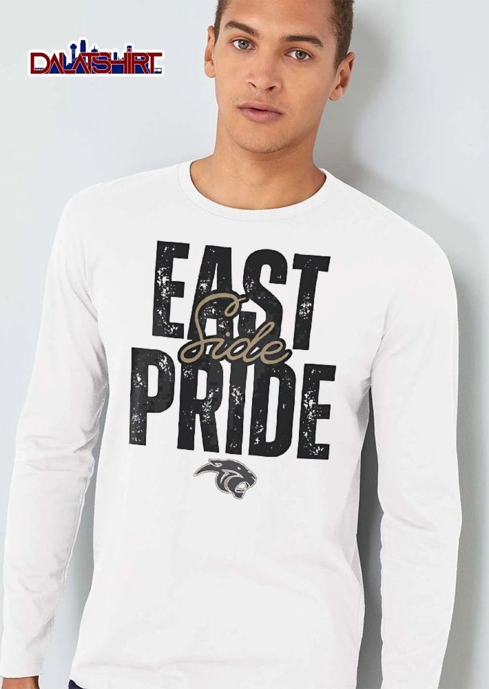 East Side Pride Panther Head Profile Distressed Block Letters Script Overlay shirt