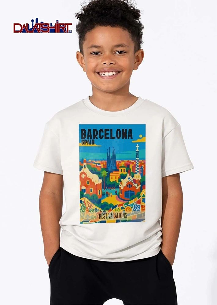 Barcelona Spain Retro Travel Poster Park Guell Sagrada Familia Mosaic shirt