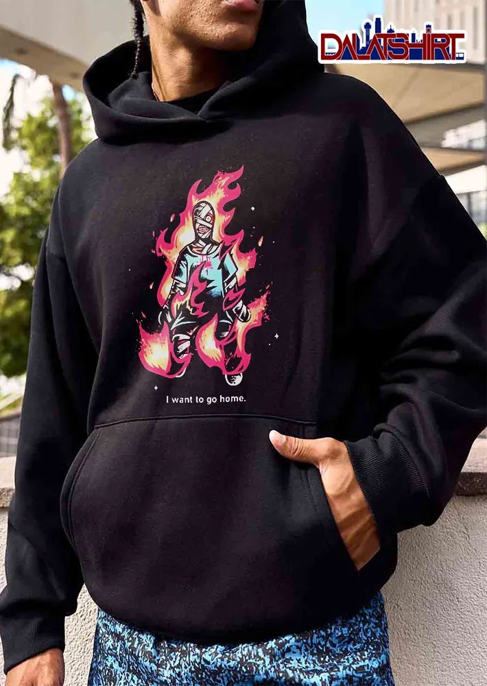 I Want To Go Home Bandaged Figure Engulfed Pink Flames Cartoon shirt