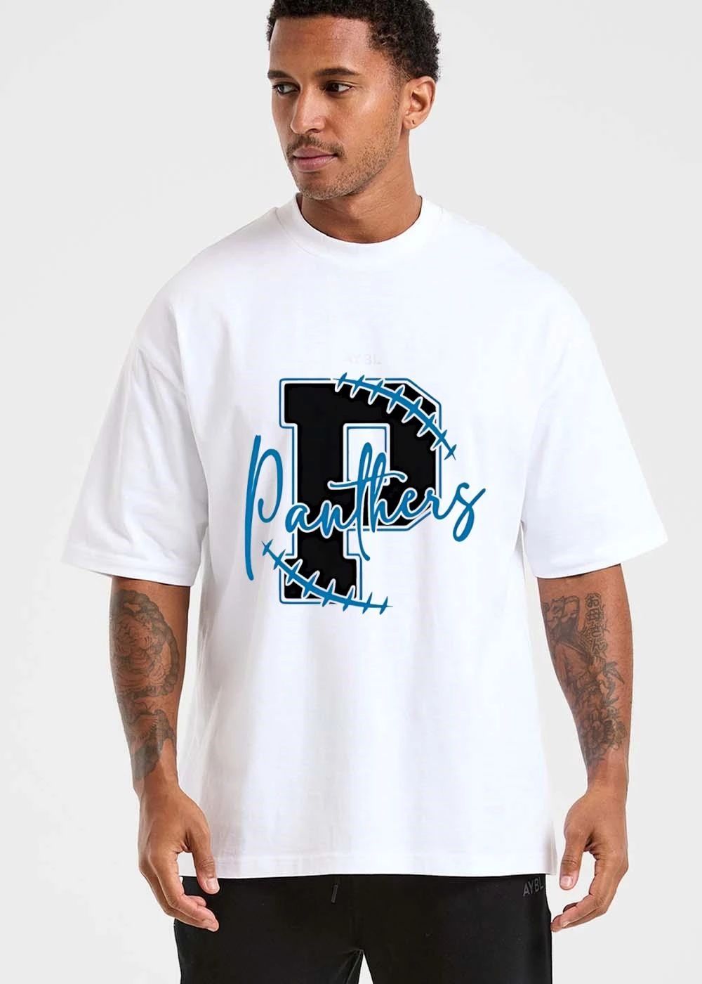 Panthers Varsity Letter P Blue Football Laces Script Text Outline shirt