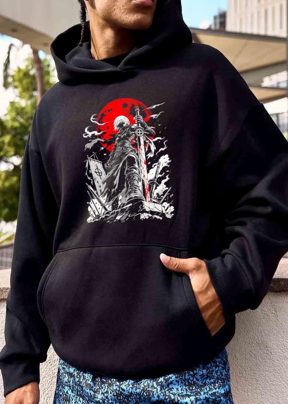 Dark Fantasy Warrior With Bloody Sword And Red Moon Battlefield shirt