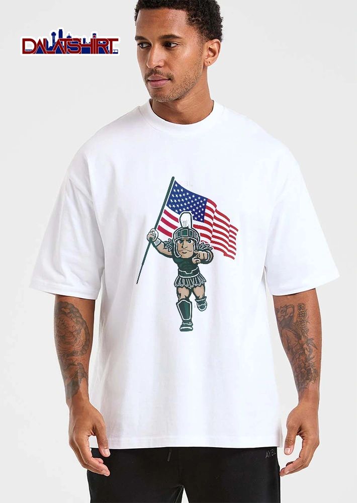 Michigan State Spartans NCAA Cartoon Sparty Mascot Holding American Flag Pointing shirt