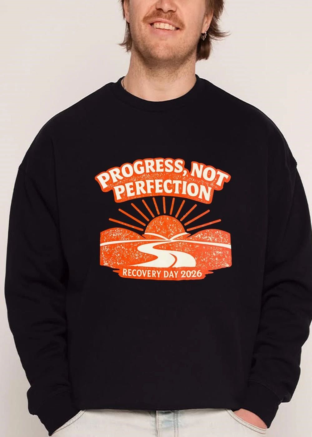 Progress Not Perfection Recovery Day 2026 Winding Road Sunburst Distressed Landscape shirt