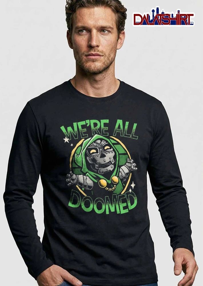 Were All Doomed Cartoon Hooded Armor Supervillain Halftone Circle shirt