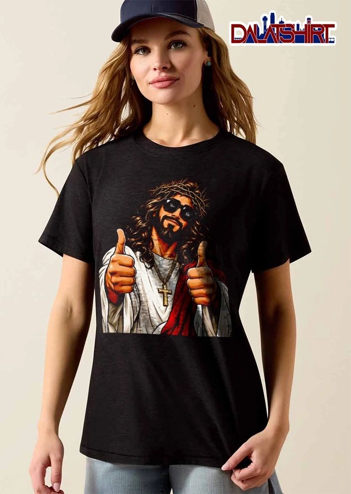 Jesus Wearing Sunglasses Crown Thorns Gold Cross Necklace Double Thumbs Up shirt