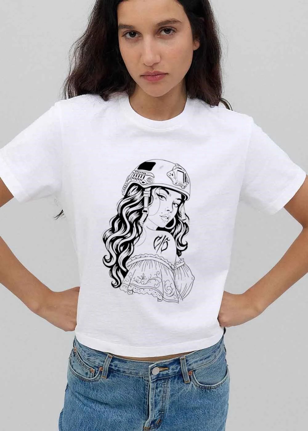 Cs Tattoo Chicana Woman Wearing Military Tactical Helmet Line Art shirt