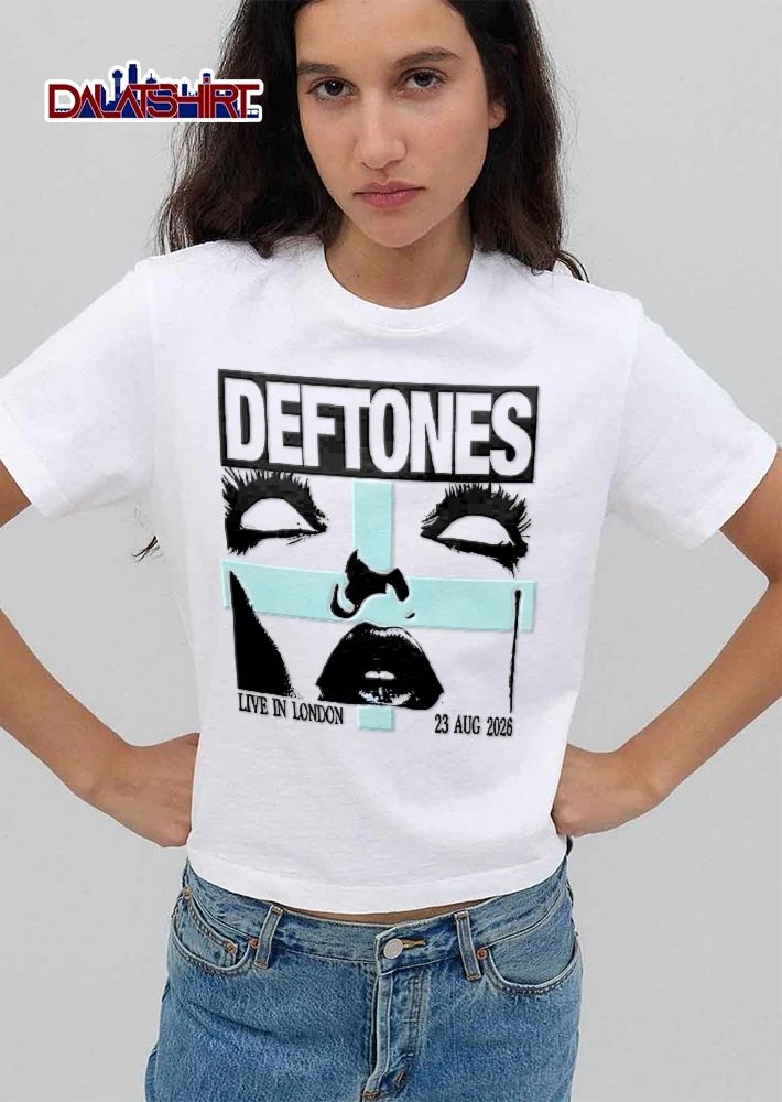 Deftones Live In London 23 Aug 2026 Stylized Face Lips Light Blue Cross shirt