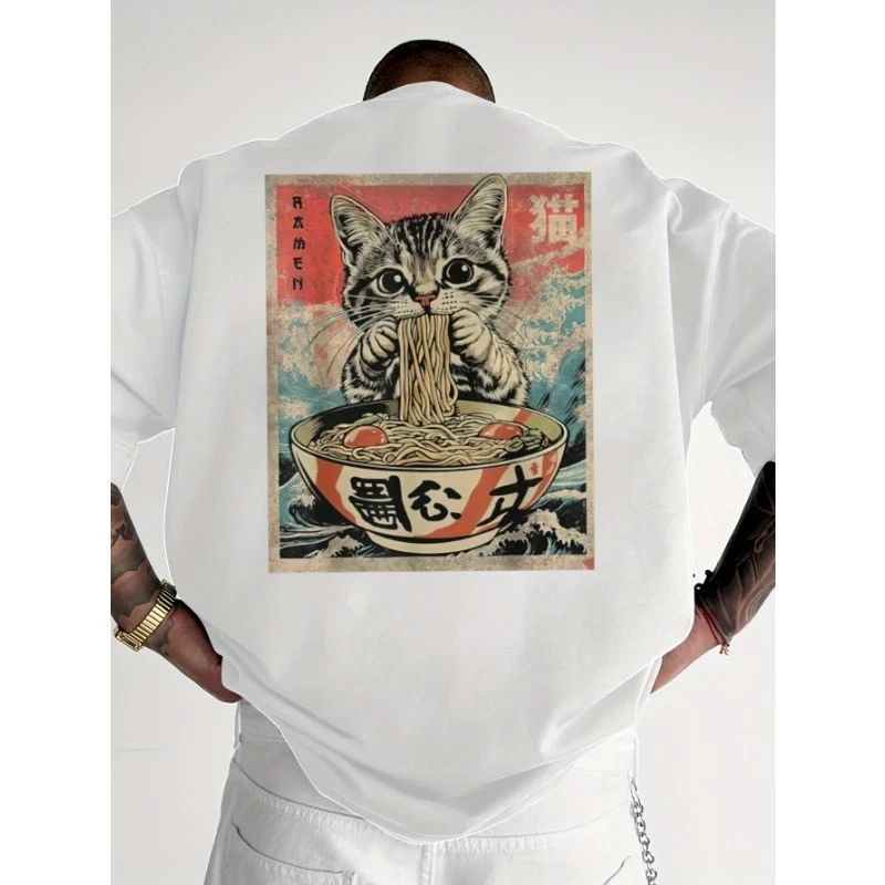 Men's Short-sleeve T-shirt with Cute Cat Print Loose Fit Stylish Casual Top