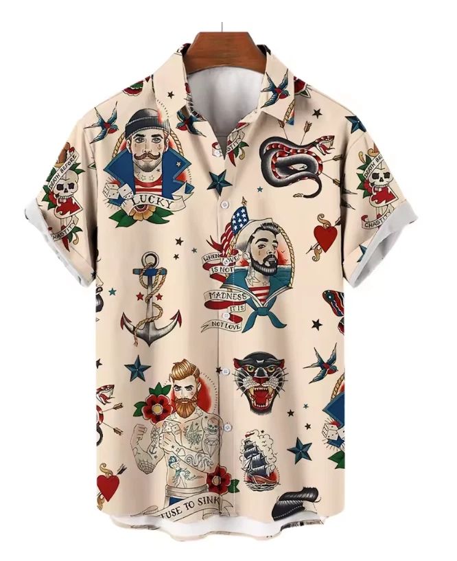Mens Button Down Shirts Mermaid Printed Hawaiian Top Hula Girls Novelty Ugly