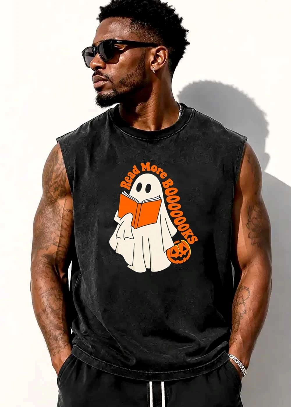 Read More Booooooks Cartoon Ghost Holding Orange Open Novel Pumpkin Bucket shirt