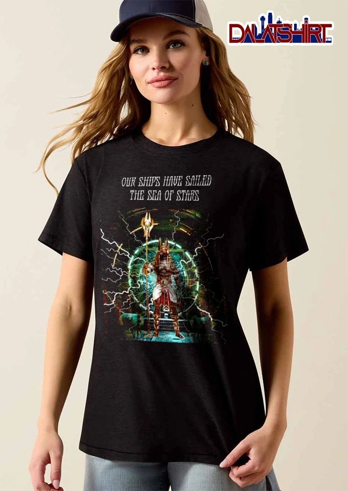 Our Ships Have Sailed The Sea Of Stars Egyptian God Anubis Staff Glowing Portal Lightning shirt