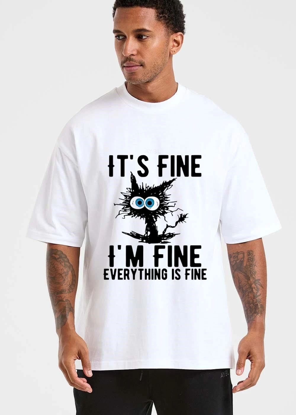 Its Fine Im Everything Is Cartoon Scruffy Black Cat Big Eyes shirt