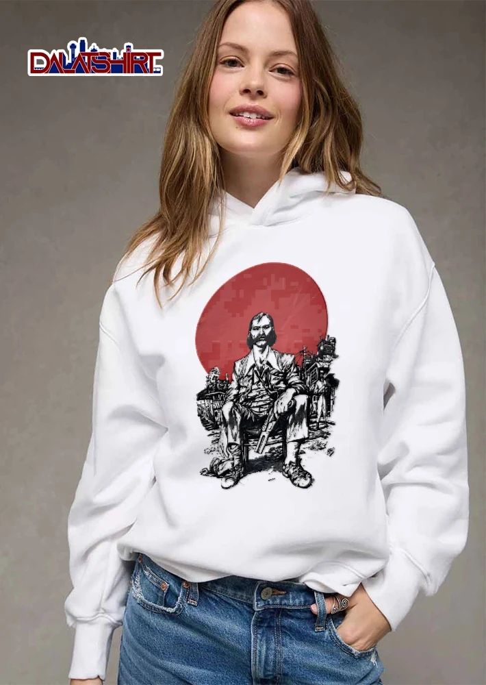 Harrier Du Bois Disco Elysium Kim Kitsuragi Seated Holding Gun Red Sun Line Art shirt