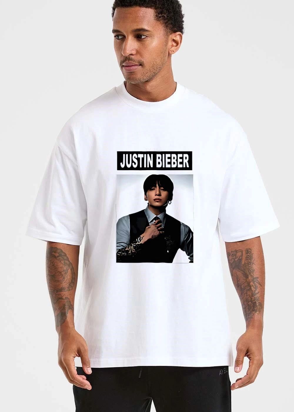 Justin Bieber Korean Singer Dark Suit Adjusting Tie Tattoo Photo shirt