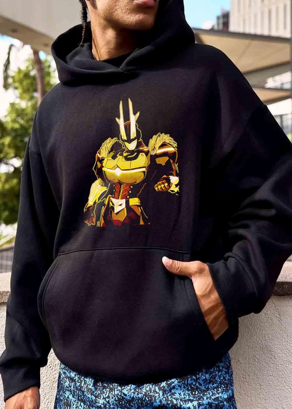 Yellow Armored Mech Superhero Glowing Smile Helmet Portrait shirt