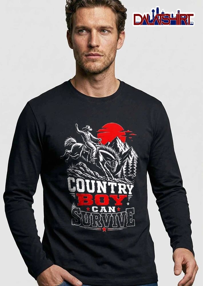 Country Boy Can Survive Cowboy Riding Bucking Horse Red Sun Mountain shirt
