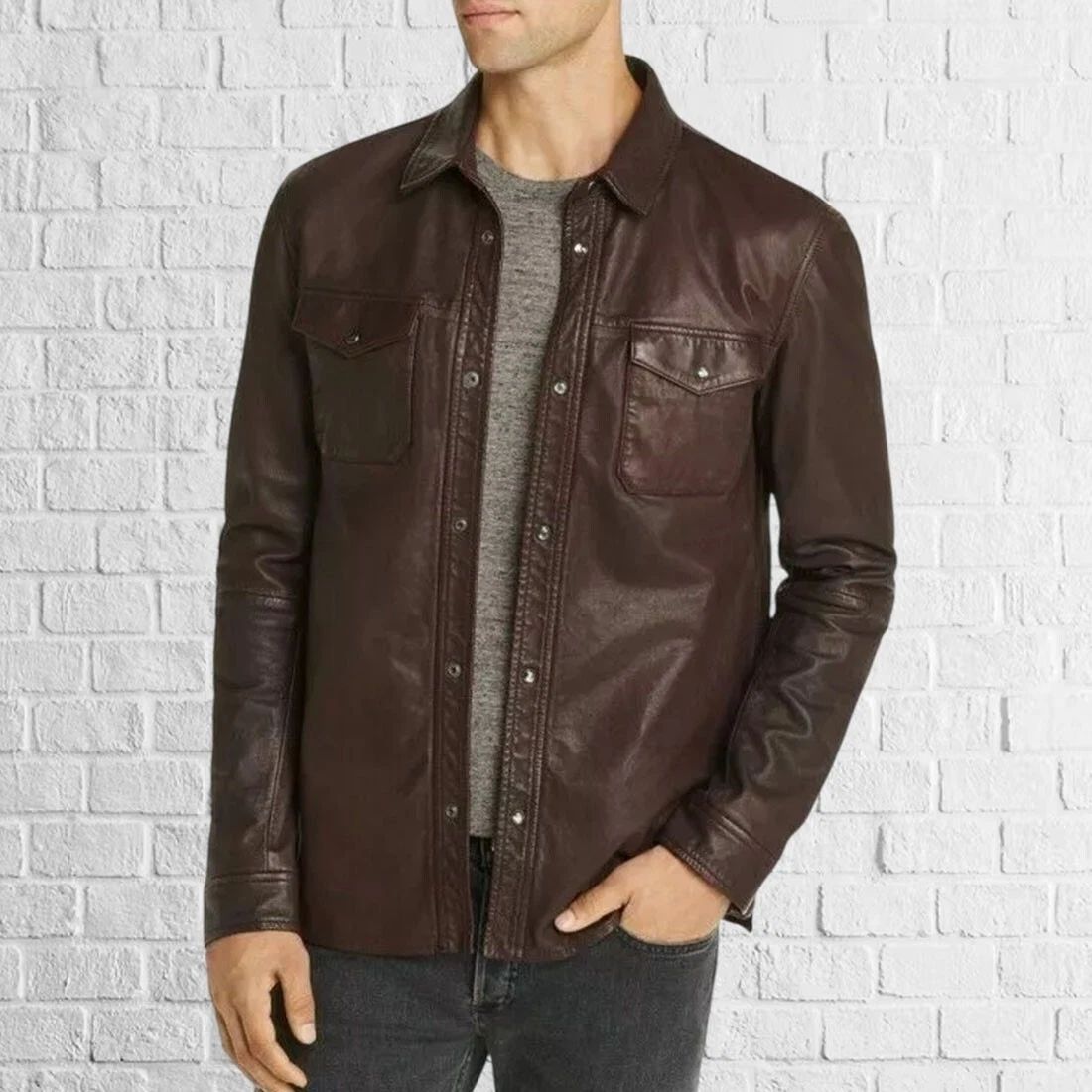 Mens Leather Brown shirt Genuine Lambskin Motorcycle Button Slim fit shirt