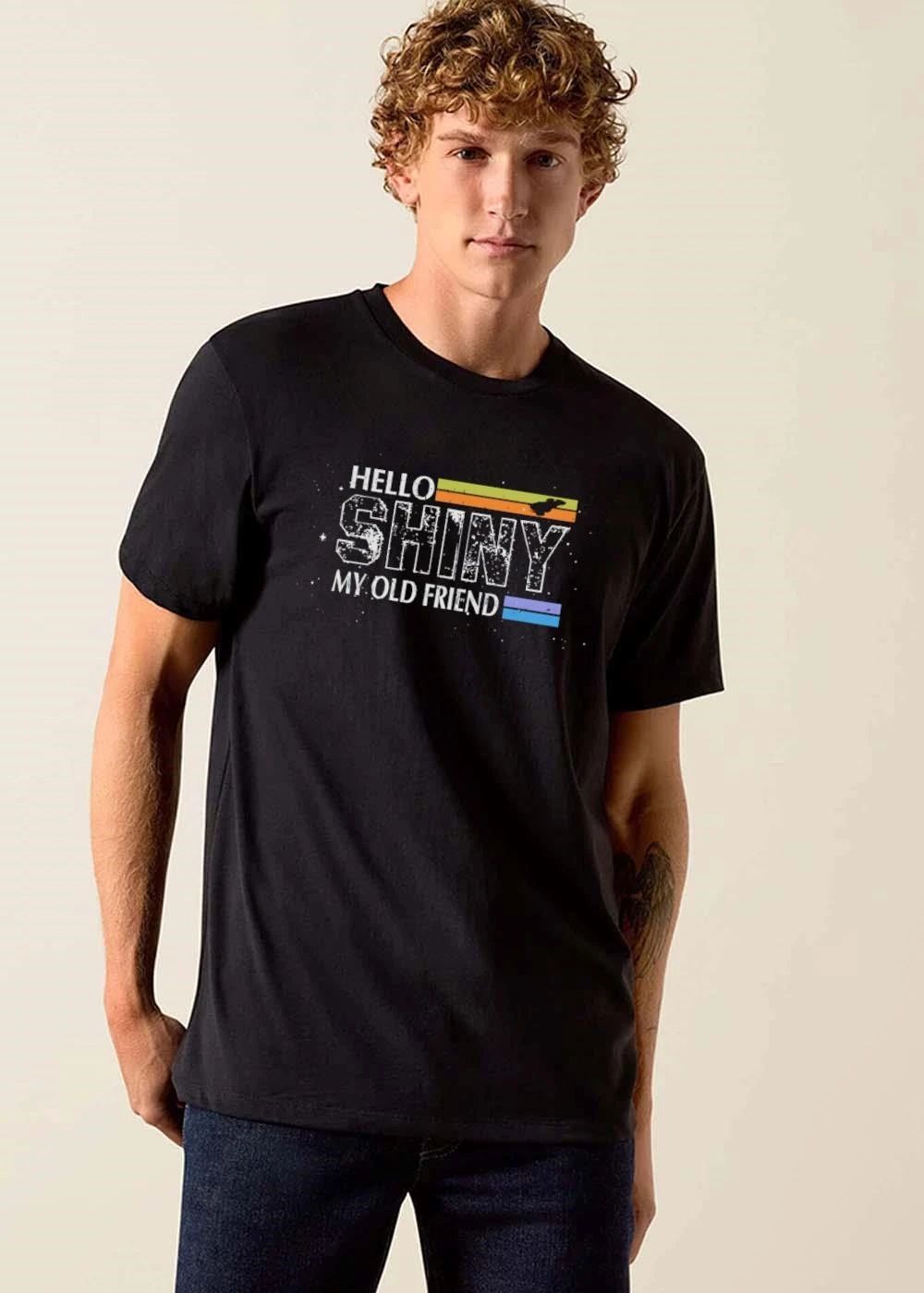 Hello Shiny My Old Friend Spaceship Silhouette Retro Stripes Distressed shirt