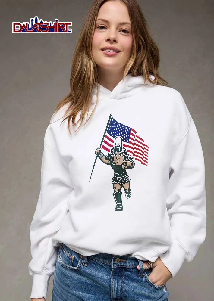 Michigan State Spartans NCAA Cartoon Sparty Mascot Holding American Flag Pointing shirt