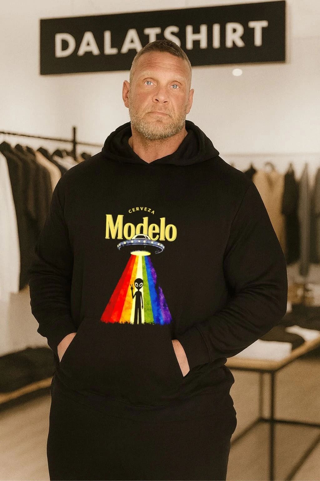 Modelo Cerveza beer alien extraterrestrial UFO spaceship rainbow peace Cerveza Modelo shirt