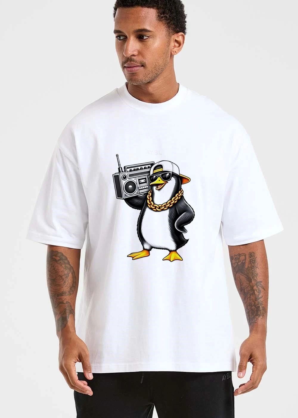 Cartoon Hip Hop Penguin Carrying Retro Boombox Gold Chain Sunglasses shirt