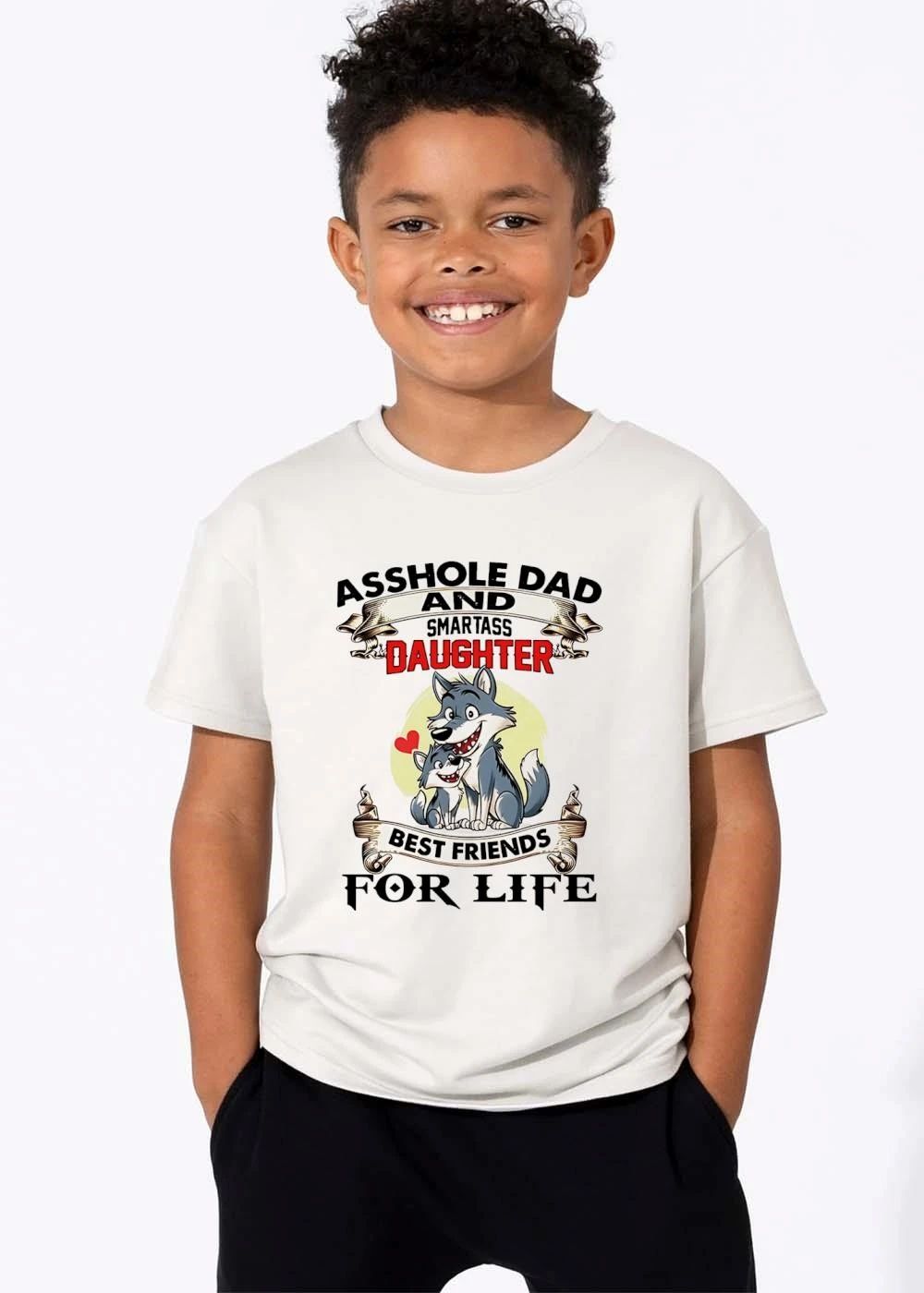 Asshole Dad And Smartass Daughter Best Friends For Life Cartoon Smiling Father Little Wolf Red Heart Ribbon shirt