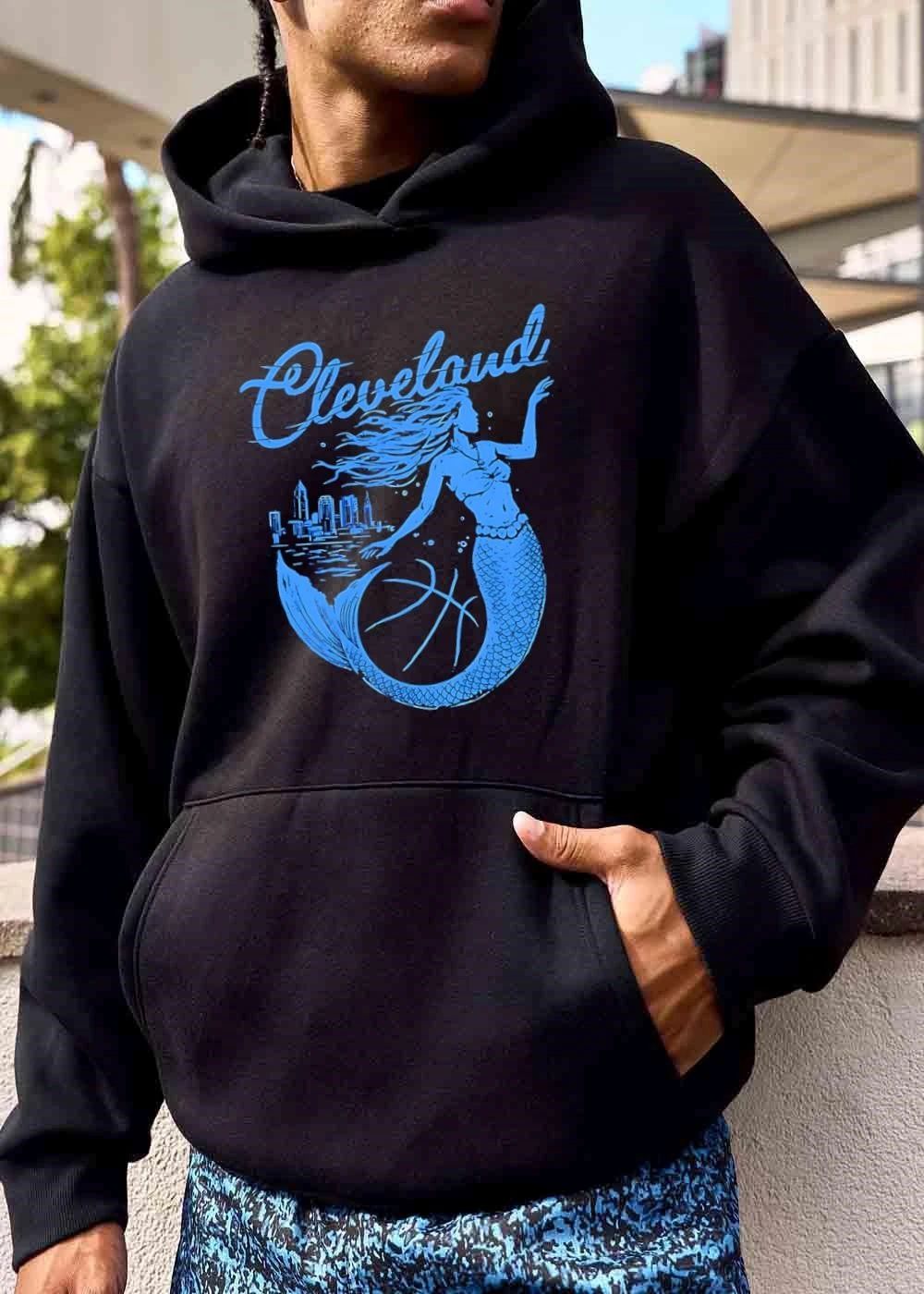 Cleveland Distressed Blue Mermaid Basketball City Skyline Line Art shirt