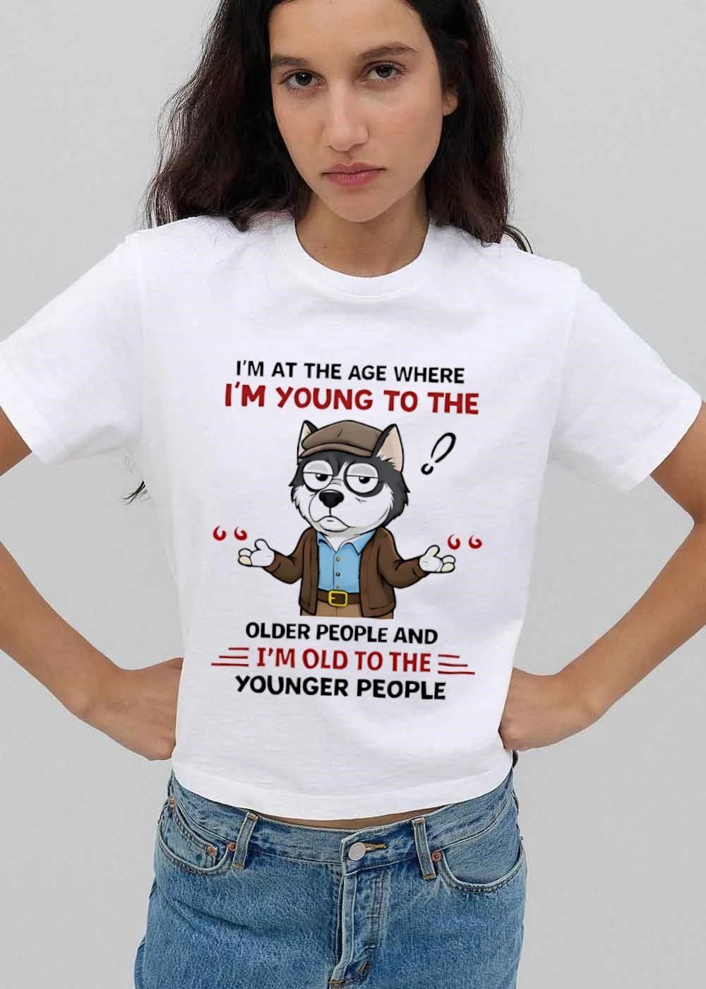 Im At The Age Where Young To Older People And Old Younger Cartoon Husky Shrugging shirt