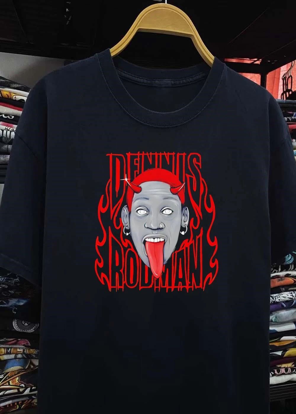 Dennis Rodman Head With Red Horns and Fire Flame Graphic shirt