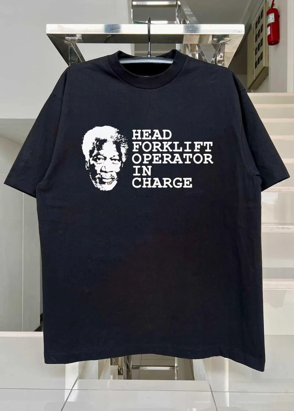 Morgan Freeman Head Forklift Operator in Charge shirt