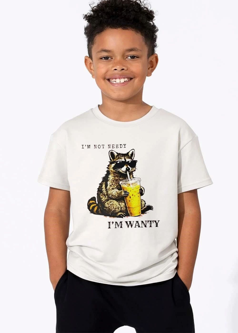 Im Not Needy Wanty Raccoon Wearing Black Sunglasses Drinking Iced Beverage shirt