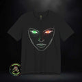 Evil Face Sketch T-Shirt | Minimal Line Art, Green Red Eyes