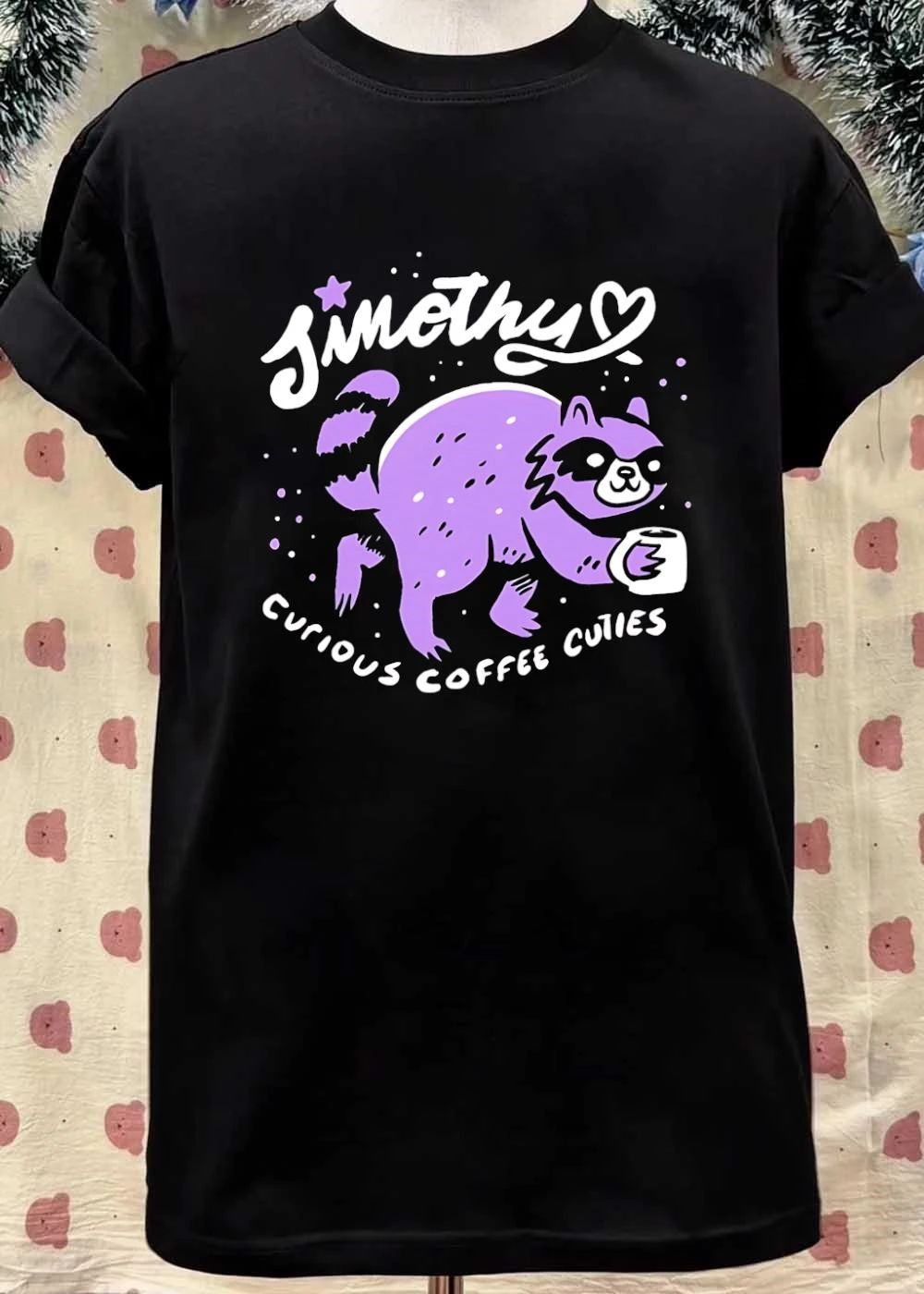 Curious Coffee Cuties Sinothy Raccoon Drinking Cup Shirt