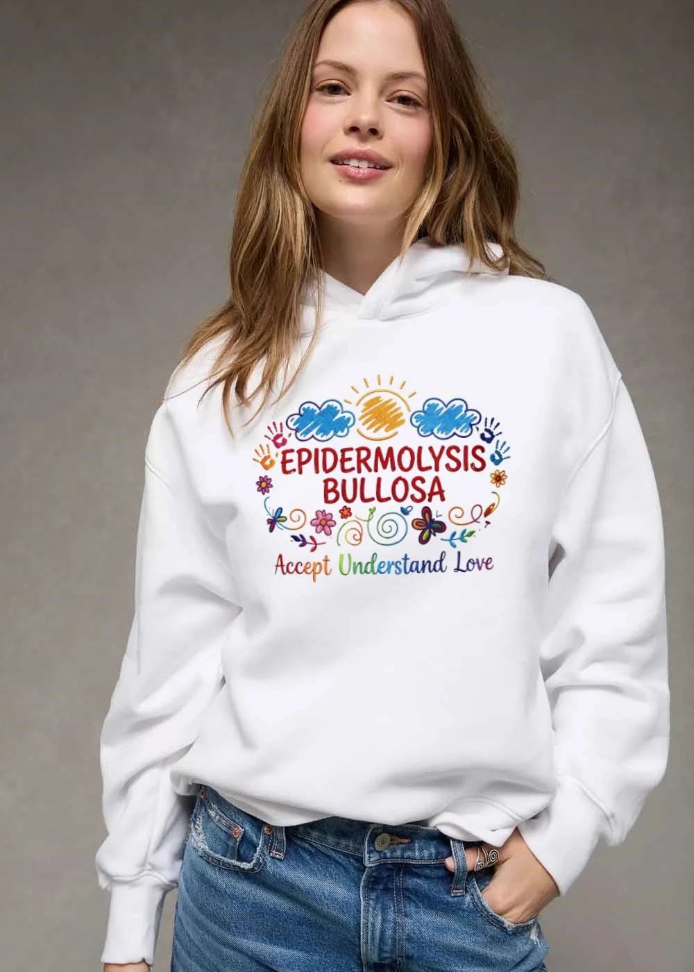 Epidermolysis Bullosa Accept Understand Love Colorful Sun Clouds Handprints Butterfly Flowers shirt