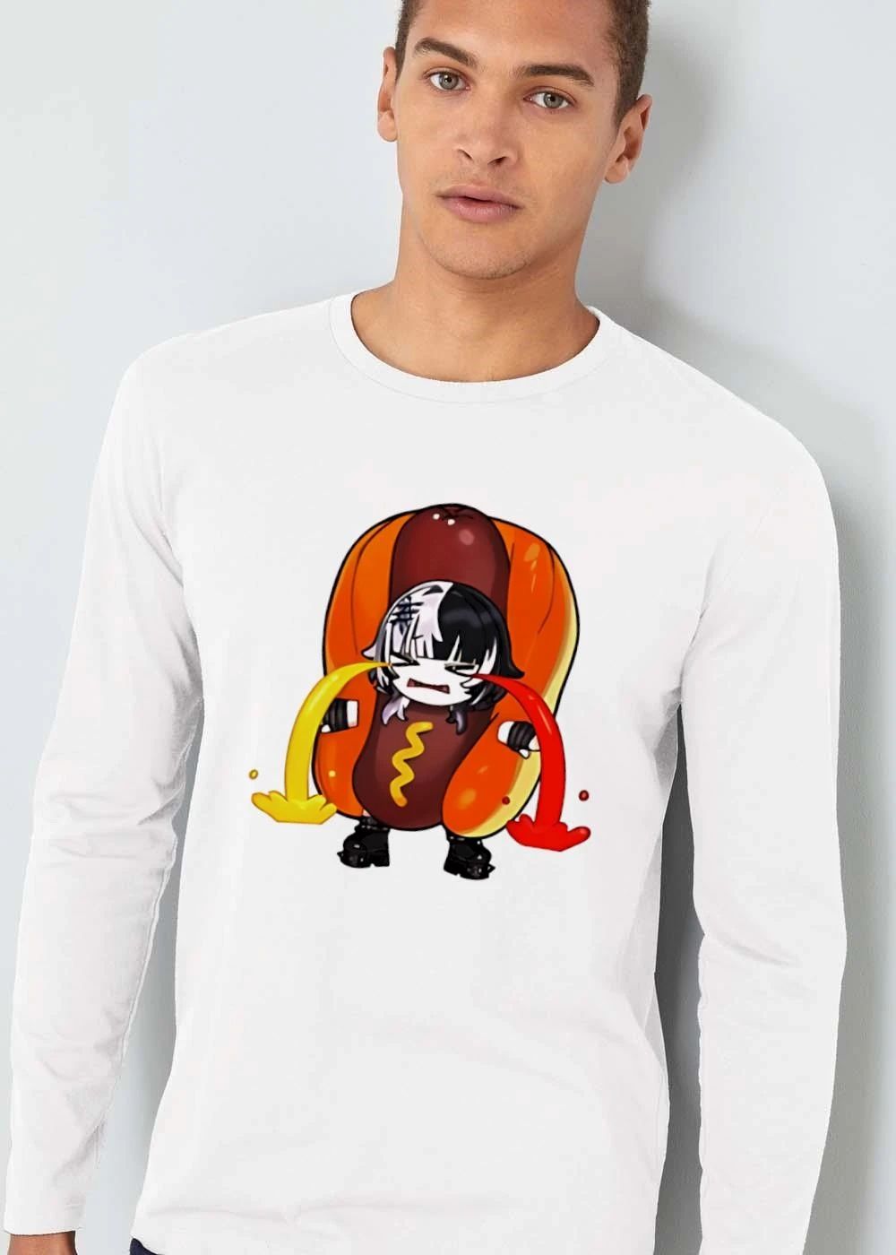 Chibi Anime Girl In Hot Dog Costume Crying Mustard And Ketchup Tears Cartoon Illustration shirt